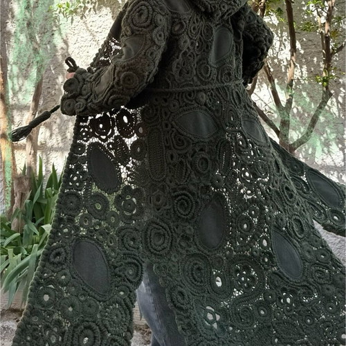 Handmade coat with Irish lace, green, made to order