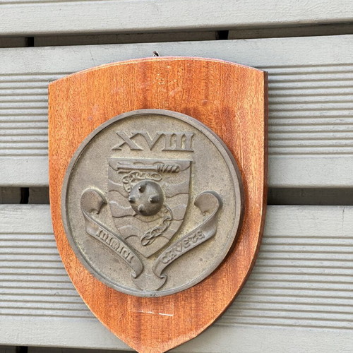 Vintage Wooden Shield of XVIII Infantry Regiment used, metal emblem 25 cm