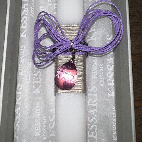 Kessaris Easter Resurrection Candle white with purple like new, steel necklace