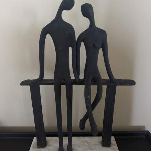 Modern Abstract Couple Sculpture used, black figurine on marble base