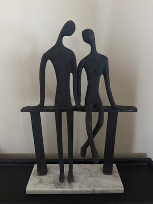 Modern Abstract Couple Sculpture used, black figurine on marble base