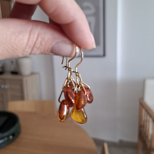 Vintage Baltic Amber Cluster Earrings like new, gold-toned