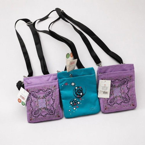 Polo shoulder bag new, purple and turquoise with decorative designs