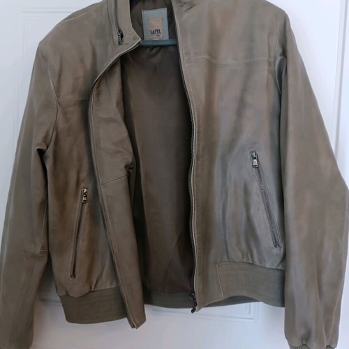 Lapel leather jacket new, large, grey and beige