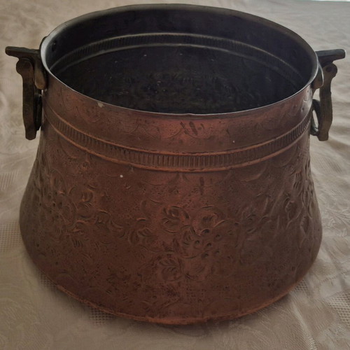Copper forged cauldron used, antique with embossed designs