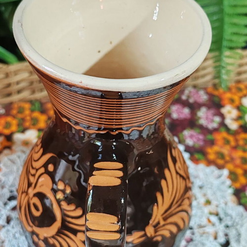 Vintage pottery jug with floral sgraffito decoration, 22 cm