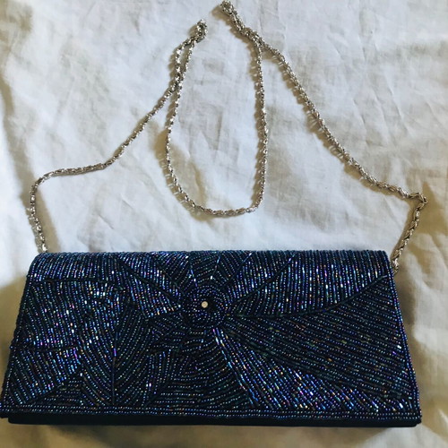 Mandarini evening bag clutch with iridescent beads new, blue satin