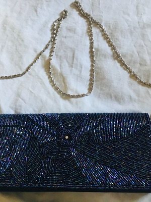 Mandarini evening bag clutch with iridescent beads new, blue satin