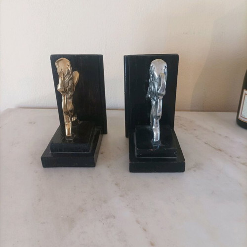 Bookends used, bronze with wood