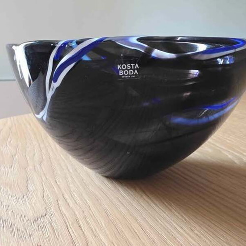 Kosta Boda Illum bowl black with blue and white colored glass, 16cm