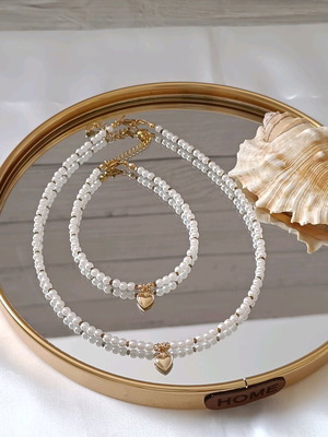 Summer necklace and anklet set with pearls, hematite and stainless steel elements made to order