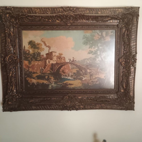 Embroidery painting in heavy vintage frame from the 70s like new