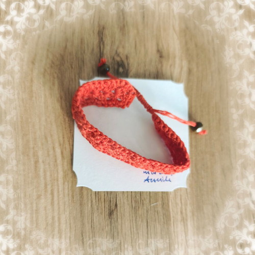 Knitted bracelet new red with beads made of cotton thread