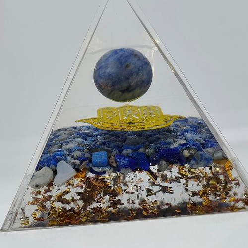 Orgonite pyramid with Lapis Lazuli, Sodalite and Hamsa hand like new