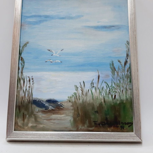 Original Oil Painting 1991 Summer Landscape with Lake and Birds