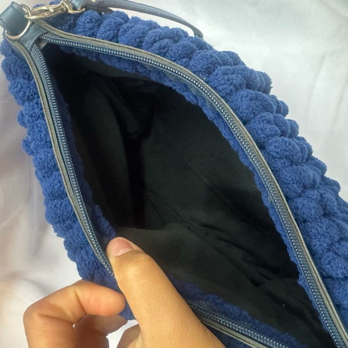 Handmade knitted blue clutch bag with inner lining new