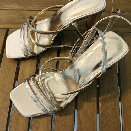 Women's gold sandals with straps and thick heel