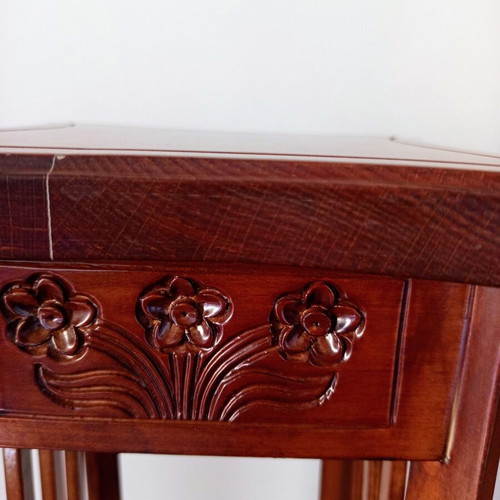 Handcrafted tall wooden plant stand with carved floral details