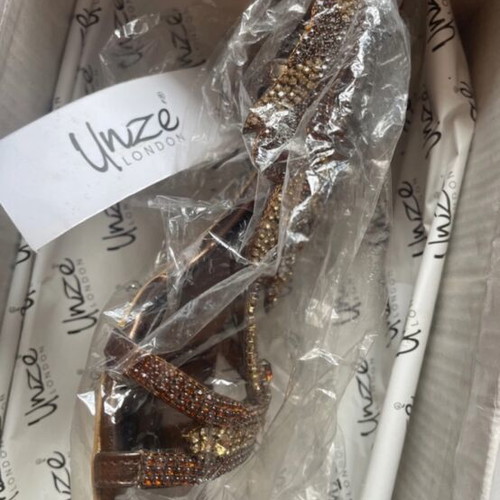 Heels new decorated with stones, size 38, 10cm heel height, brown