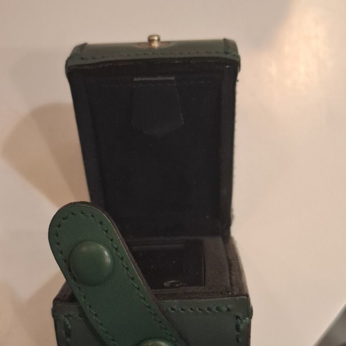 Cylindrical leather vintage travel case with small clock by Giorgio Pizzitutti