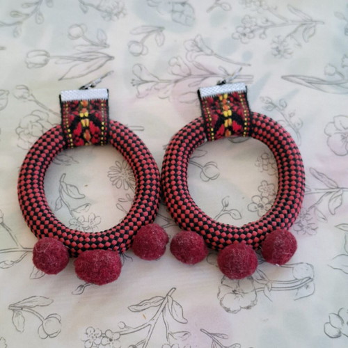 The Curious Cat statement ethnic earrings with fabric and burgundy pom-poms