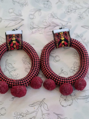 The Curious Cat statement ethnic earrings with fabric and burgundy pom-poms