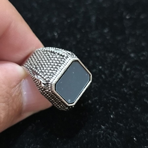 Men's signet ring with black stone, stainless steel, new