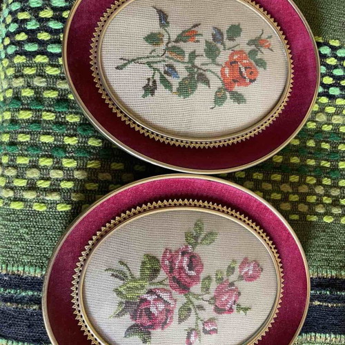 Vintage set of 2 decorative embroidered frames with velvet border like new