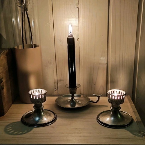Vintage candlesticks used, set of three, including silver-plated blaker