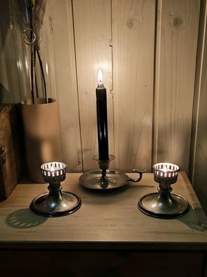 Vintage candlesticks used, set of three, including silver-plated blaker