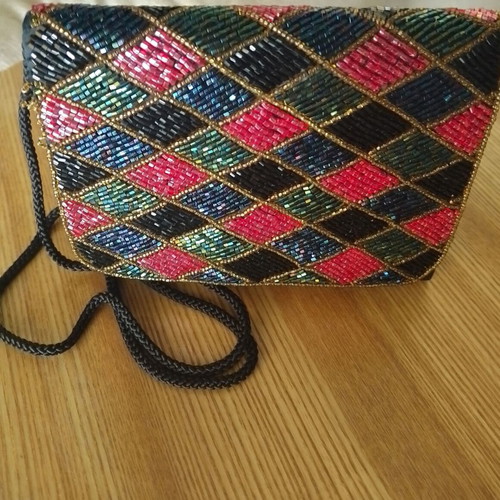 Vintage satin evening bag with colorful beads
