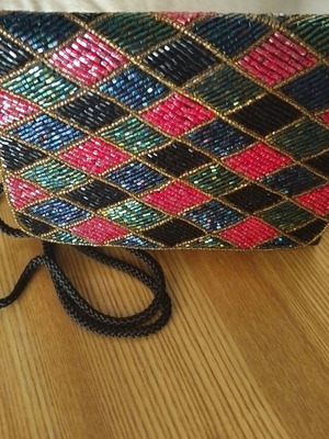 Vintage satin evening bag with colorful beads