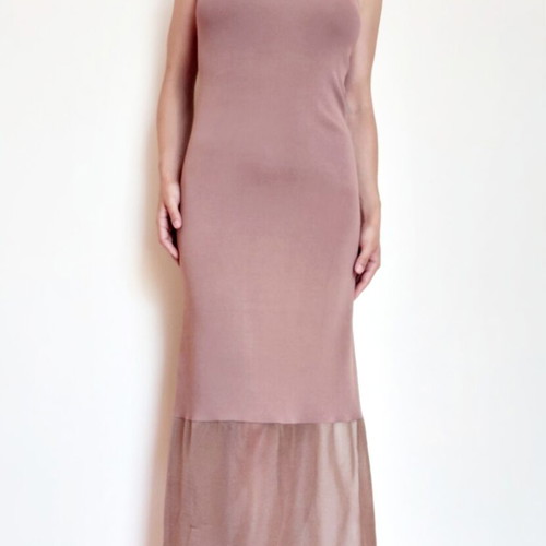 Zara maxi dress S, dusty mauve brown pink, knit with sheer hem