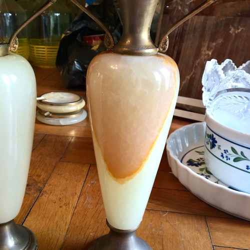 Set of 3 alabaster amphora vases used with gilded handles
