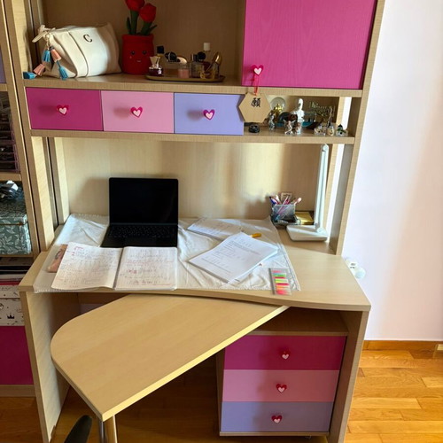 Children's bedroom set like new with bed, bookshelf, desk, and storage unit
