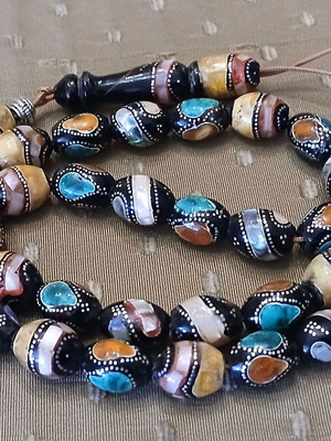 Yiousouri Worry Beads used with amber, mother-of-pearl and silver embroidery