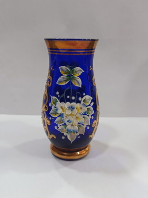 Βάζο Bohemian Art Glass μπλε κοβαλτίου με ανάγλυφο σμάλτο και χρυσό 24K