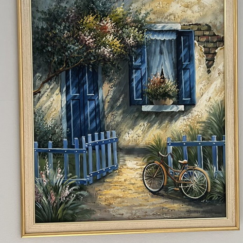 Original Mediterranean oil painting with bicycle, framed
