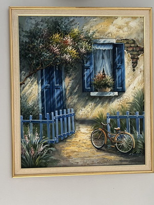 Original Mediterranean oil painting with bicycle, framed