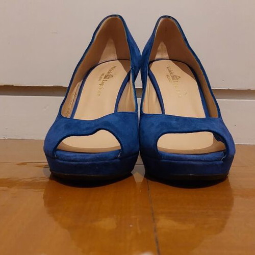 Michele Lopriore peep toe blue suede shoe, new, 10cm heel