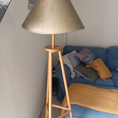 Wooden floor lamp handmade, used, minimal design with oil lampshade