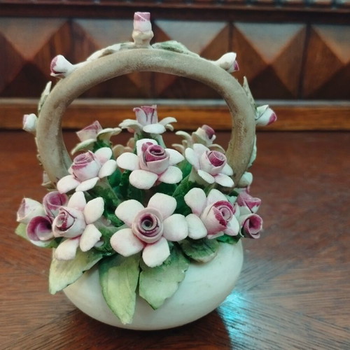 Vintage decorative basket with porcelain flowers Capodimonte style, like new