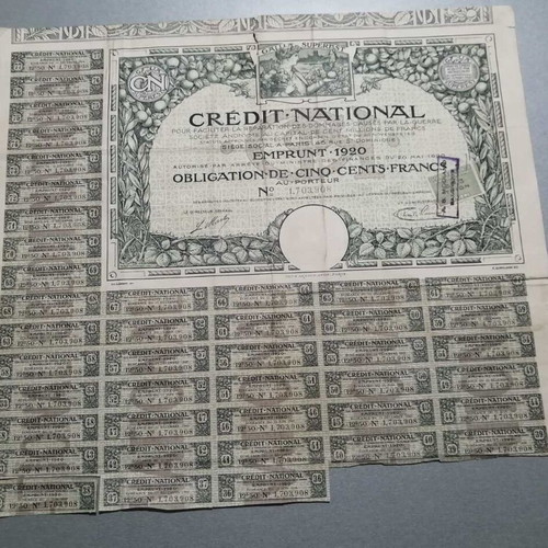 Credit National Emprunt 1920 used with redemption coupons