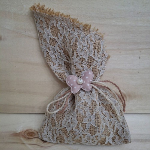 Handmade burlap and lace pouches, pack of 30