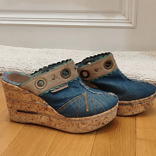 Fornarina Vintage Denim Wedges Mules Y2K Style Size 39 Like New
