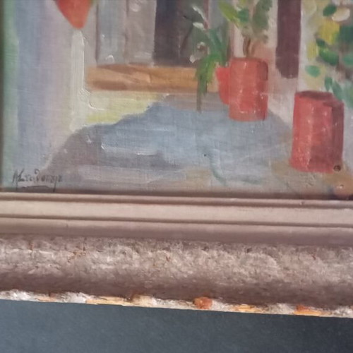 Painting by Lela Stathopoulou, alley scene, oil or acrylic on plywood