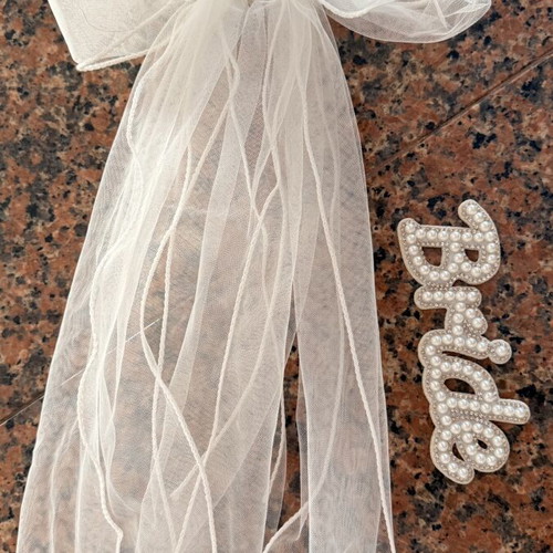 White bow hair clip and iron-on bride patch