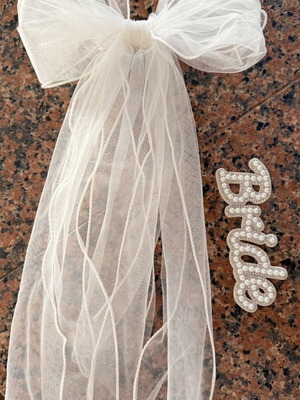 White bow hair clip and iron-on bride patch