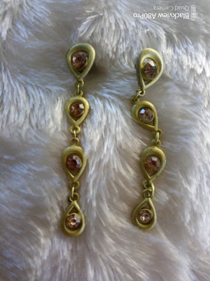 Long drop earrings new with gold tone and brownish crystals