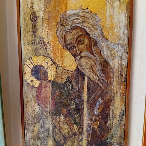 Icon of Symeon the Righteous and St. Theodore used, painted on canvas with gold leaf and sand